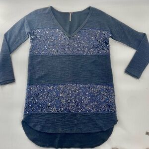 VTG Free People Navy Blue Sequin Sweater V Neck Casual Shirt Dress Cotton Size S